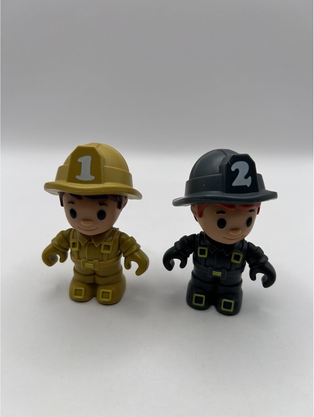 Fisher-Price Little People Firefighters #1 & #2 Tan Black Helmet Lot of 2 Used